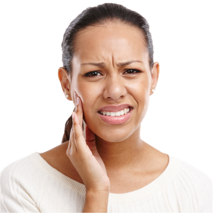 Woman in pain holding her cheek, showing signs of a dental emergency or toothache.